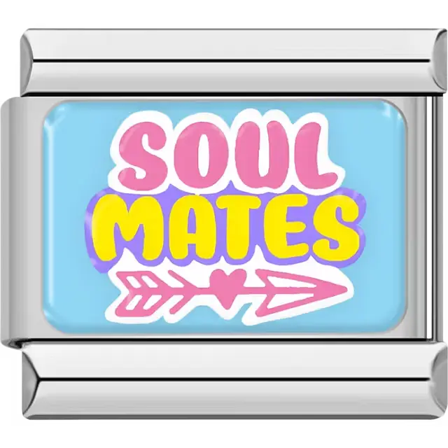 "Soul Mates" with heart arrow on blue Italian charm bracelet link