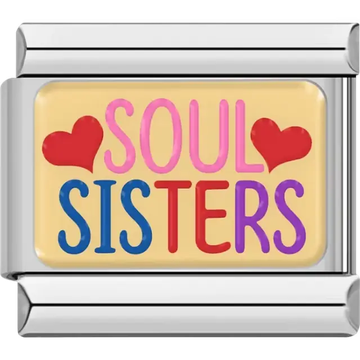 Pink and blue "Soul Sisters" text with red hearts on a yellow background Italian charm bracelet link