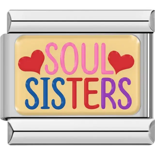 Pink and blue "Soul Sisters" text with red hearts on a yellow background Italian charm bracelet link