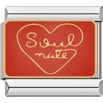 Gold "Soulmate" text inside a heart outline on a red background Italian charm bracelet link