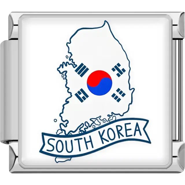 Outline map of South Korea red and blue yin yang black trigrams white banner South Korea text South Korea map flag Italian charm bracelet link