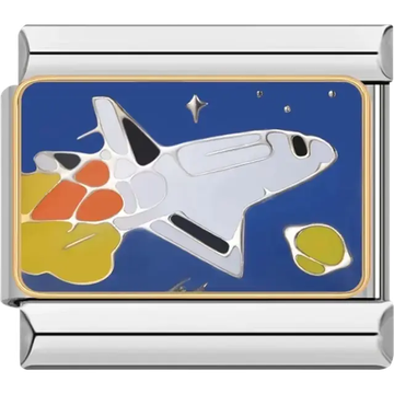 Space shuttle design with colorful flame details, stars, and a planet Italian charm bracelet link