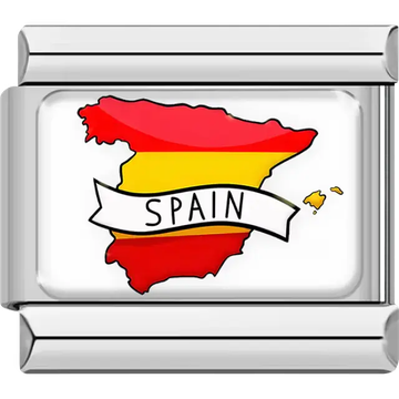 Map of Spain in red and yellow flag colors, with "SPAIN" banner and Balearic Islands detail Italian charm bracelet link