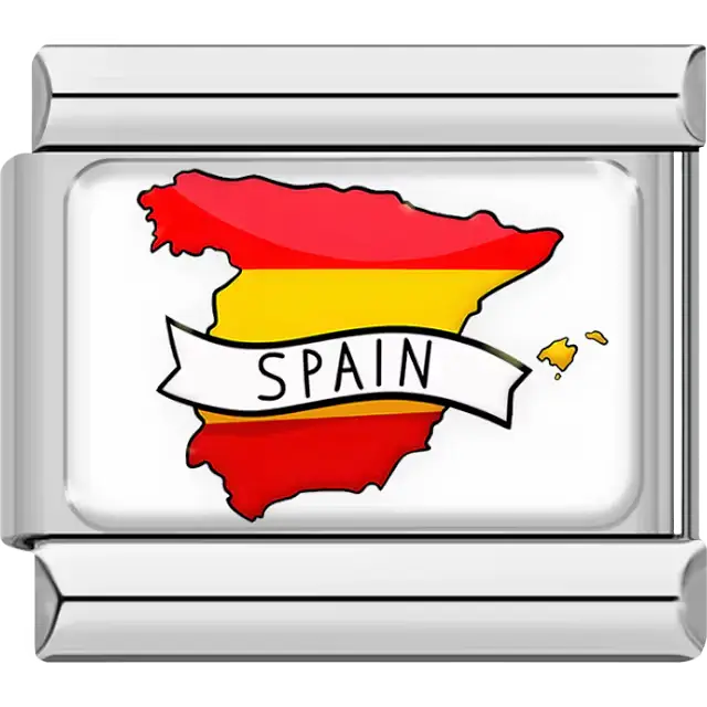 Map of Spain in red and yellow flag colors, with "SPAIN" banner and Balearic Islands detail Italian charm bracelet link