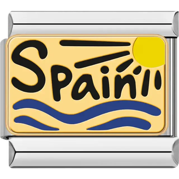 Gold "Spain" text with sun and blue waves on yellow background Italian charm bracelet link