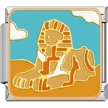 Great Sphinx of Giza reclining on golden sand with a bright blue sky and white clouds inspired by ancient Egyptian mythology Italian charm bracelet link