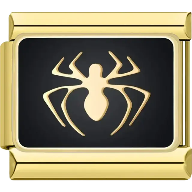 Gold spider design on a black rectangular background Italian charm bracelet link