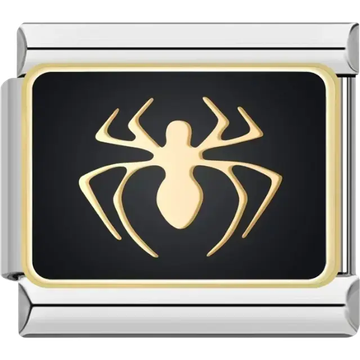 Gold spider design on a black rectangular background Italian charm bracelet link