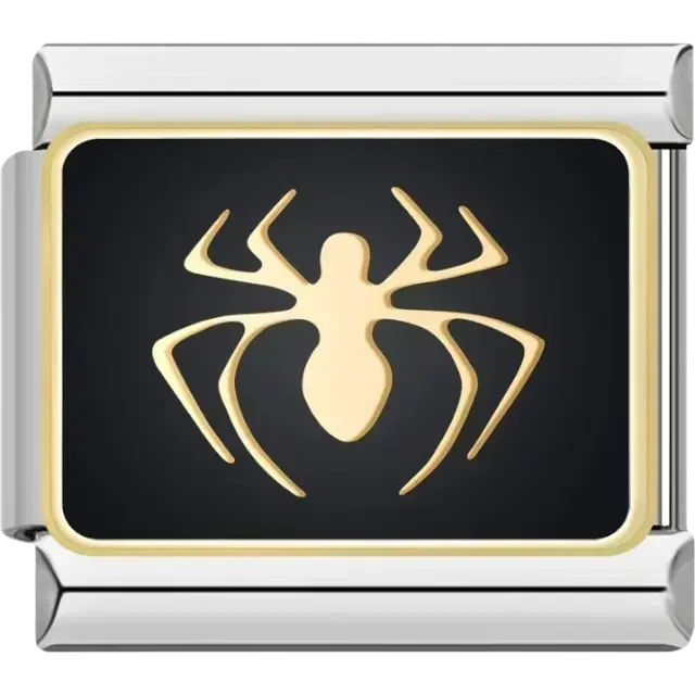 Gold spider design on a black rectangular background Italian charm bracelet link