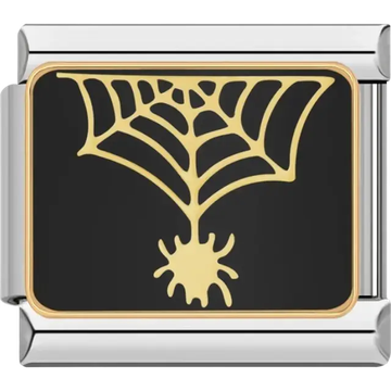 Gold spider and web with black background Italian charm bracelet link