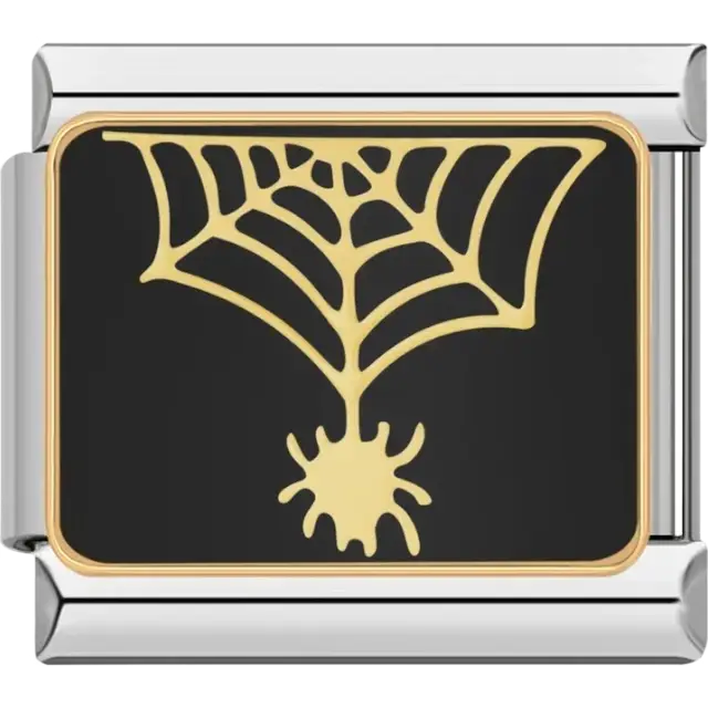 Gold spider and web with black background Italian charm bracelet link