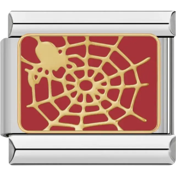 Gold spider and web on red background Italian charm bracelet link
