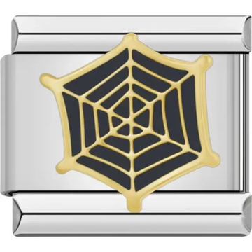 Gold spider web design on black background Italian charm bracelet link