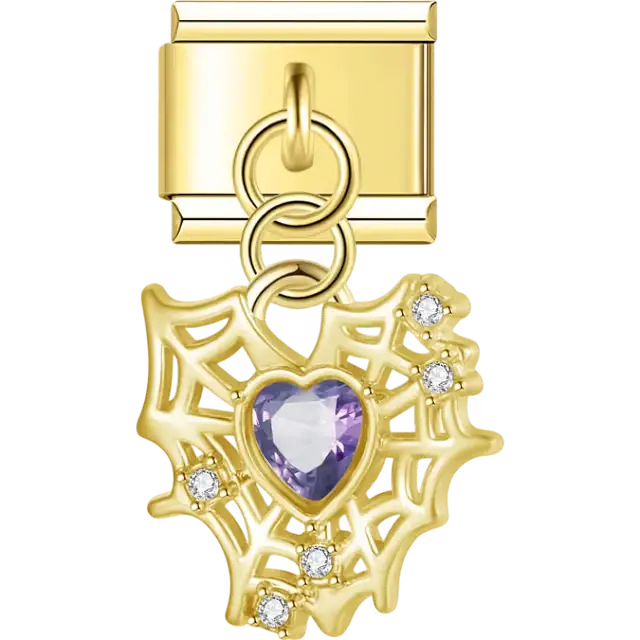Spider web with purple heart and gems dangle Italian charm bracelet link
