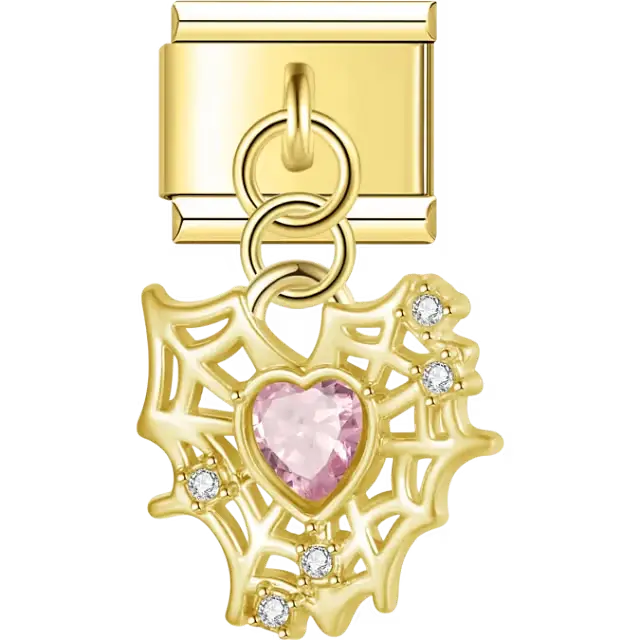 Spider web with light pink heart and clear gems dangle Italian charm bracelet link