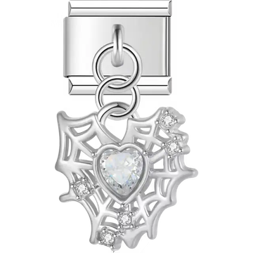 Spider web with a clear heart and clear gems dangle Italian charm bracelet link