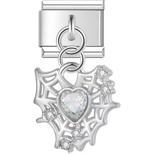 Spider web with a clear heart and clear gems dangle Italian charm bracelet link