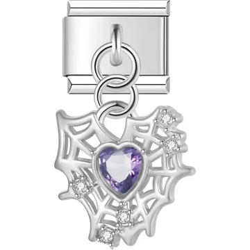 Spider web with purple heart and gems dangle Italian charm bracelet link