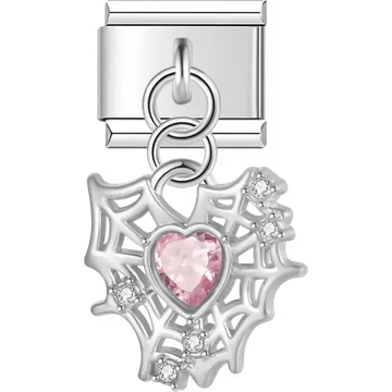 Spider web with light pink heart and clear gems dangle Italian charm bracelet link