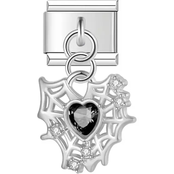 Spider web with black heart and clear gems dangle Italian charm bracelet link