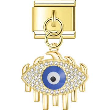 Gold dangling eye-shaped design with a blue evil eye, crystal embellishments, and spiked eyelash details Italian charm bracelet link