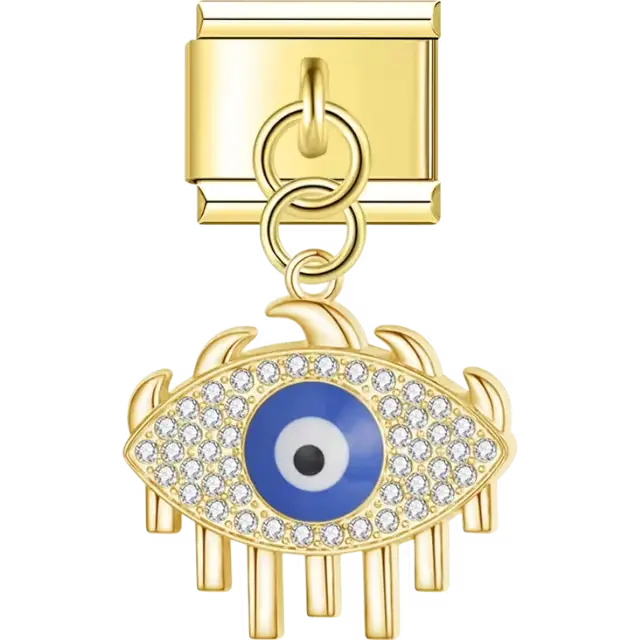 Gold dangling eye-shaped design with a blue evil eye, crystal embellishments, and spiked eyelash details Italian charm bracelet link