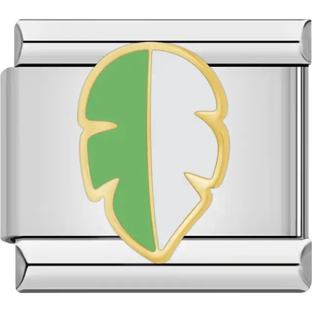 Gold green white split leaf design Italian charm bracelet link