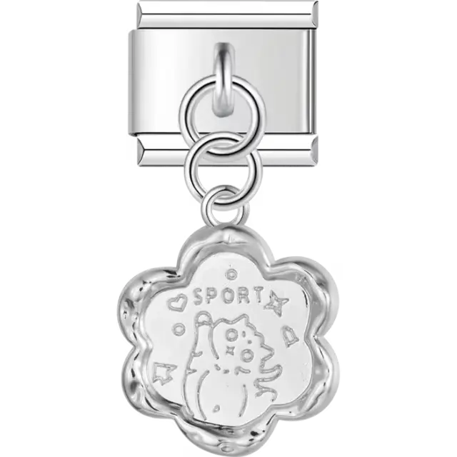 Cartoon cat with "SPORT" text and playful details in a flower-shaped design dangling Italian charm bracelet link