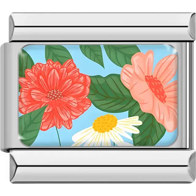 Red and pink zinnias with white daisy and green leaves on blue background Italian charm bracelet link