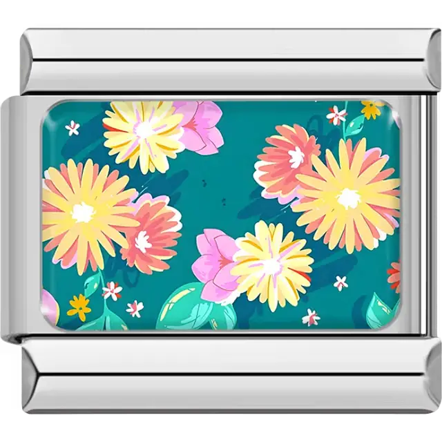 Yellow pink and coral flowers with small white blossoms on teal background Italian charm bracelet link