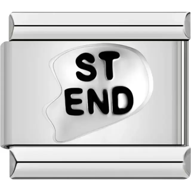 Black "ST END" text in a split heart design Italian charm bracelet link