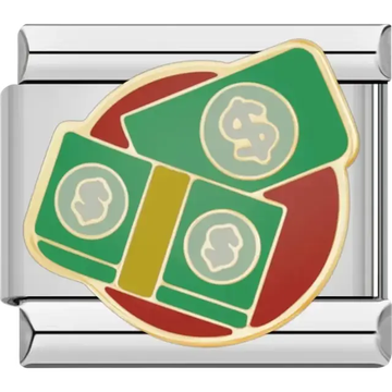 Stack of green bills with gold dollar symbols and red background Italian charm bracelet link