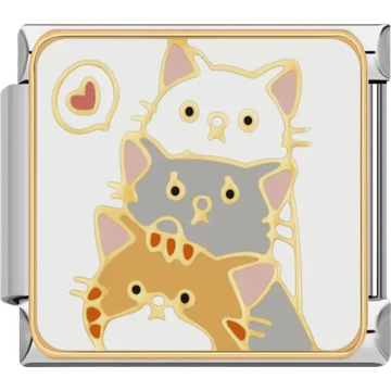 Three stacked cats in white, gray, and orange with a small heart detail Italian charm bracelet link
