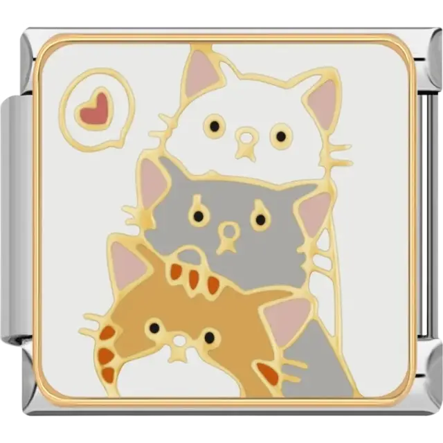 Three stacked cats in white, gray, and orange with a small heart detail Italian charm bracelet link