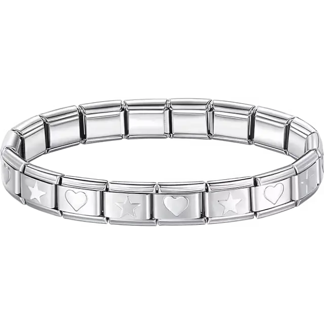 Silver stars and hearts charms composing stainless steel Italian bracelet