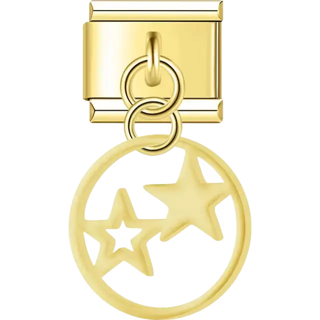 Hollow round design with two stars and dangling piece Italian charm bracelet link