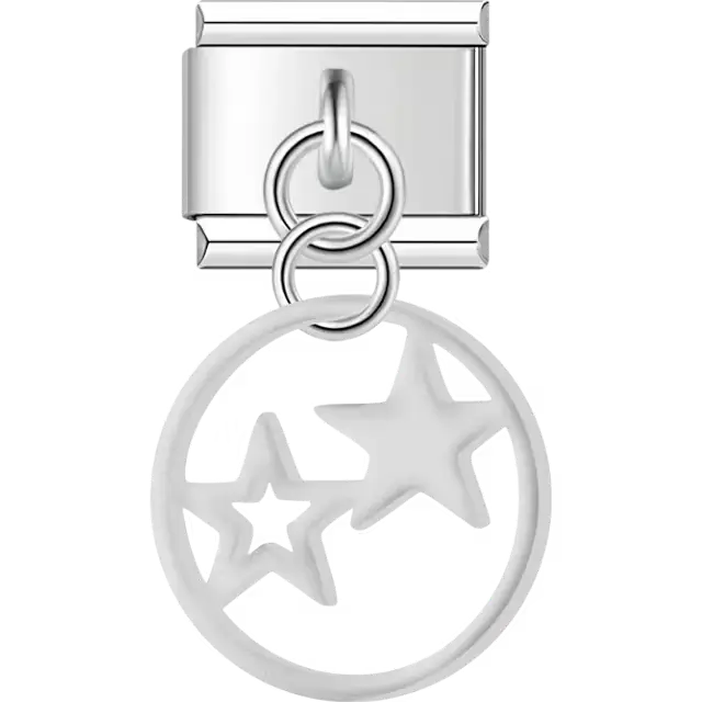 Hollow round design with two stars and dangling piece Italian charm bracelet link
