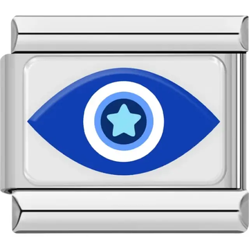 Blue evil eye design featuring a light blue star at its center and white concentric circles Italian charm bracelet link