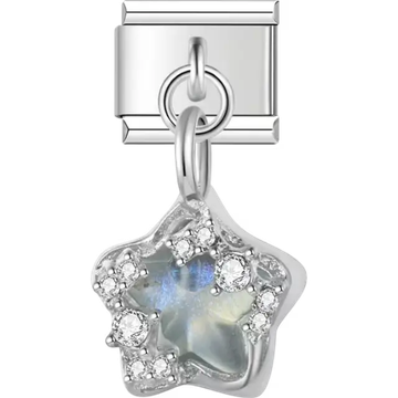 Iridescent star-shaped gemstone with clear crystal accents and dangle loop detail Italian charm bracelet link
