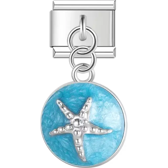 Silver starfish on a blue circular background Italian charm bracelet link