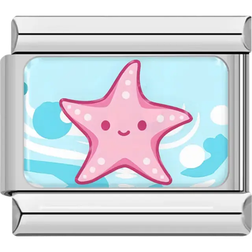 Pink starfish with a smiling face and a light blue ocean wave background Italian charm bracelet link