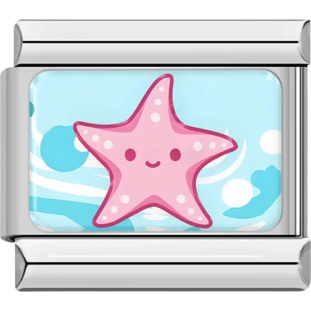 Pink starfish with a smiling face and a light blue ocean wave background Italian charm bracelet link
