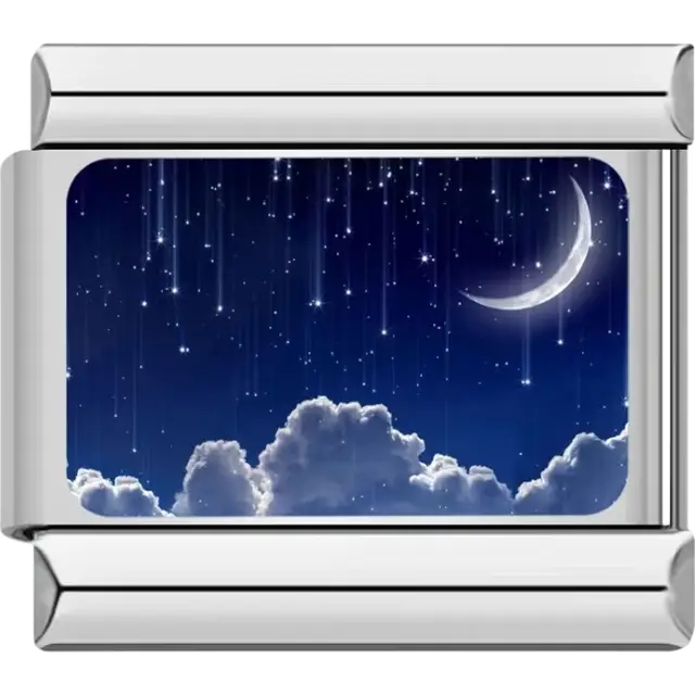 Glowing crescent moon with stars and clouds on a deep blue night sky Italian charm bracelet link
