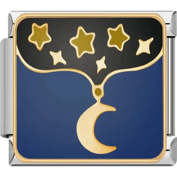 Gold crescent moon with hanging stars on a blue and black background Italian charm bracelet link