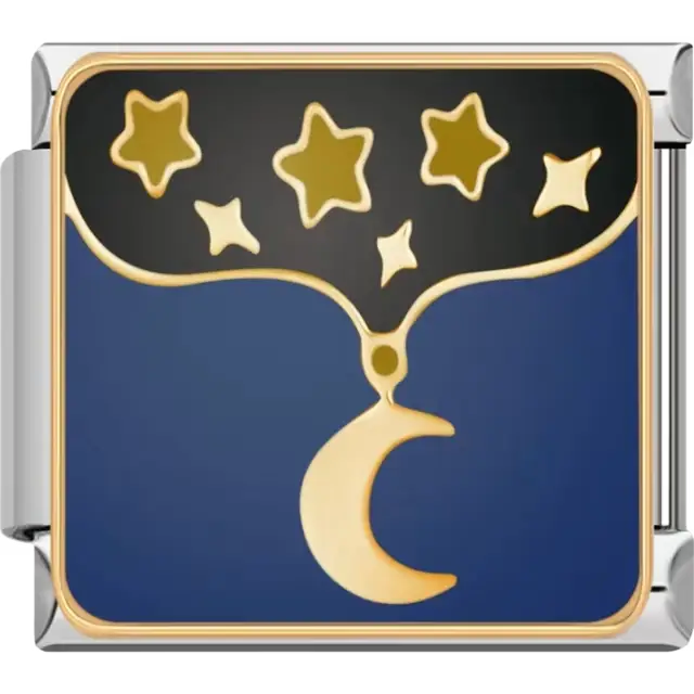 Gold crescent moon with hanging stars on a blue and black background Italian charm bracelet link