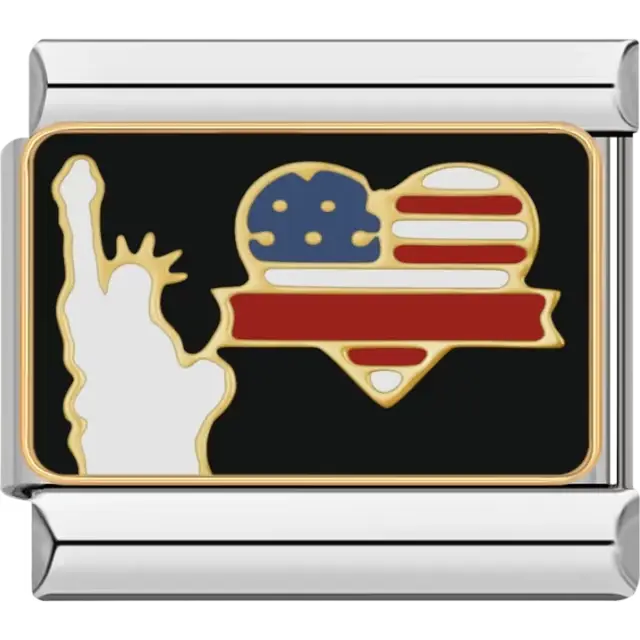 Gray Statue of Liberty silhouette with gold outline and American flag heart on black background Italian charm bracelet link