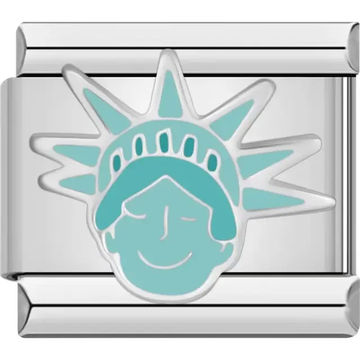 Stylized Statue of Liberty head design in light turquoise with sleek detailing Italian charm bracelet link
