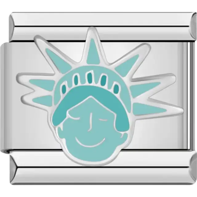 Stylized Statue of Liberty head design in light turquoise with sleek detailing Italian charm bracelet link