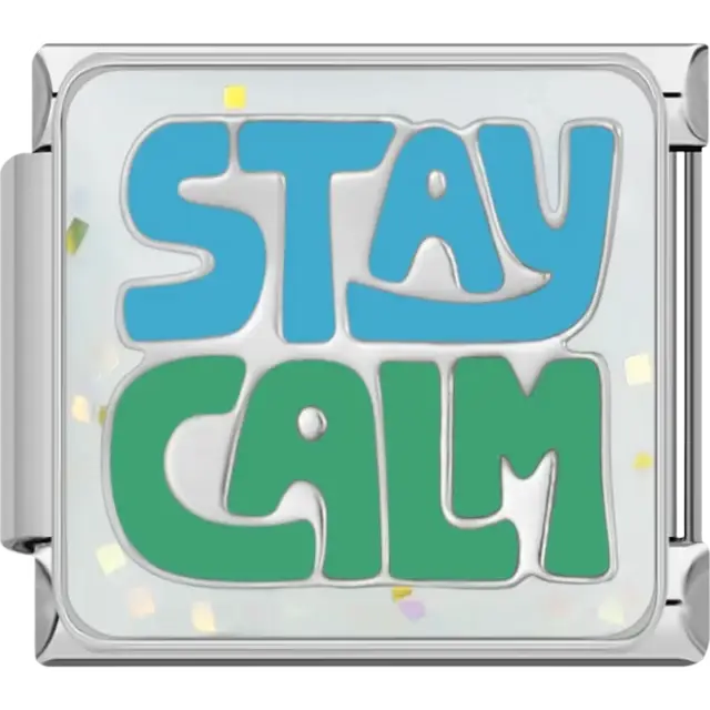 "Stay Calm" text in blue and green with a confetti-patterned background Italian charm bracelet link