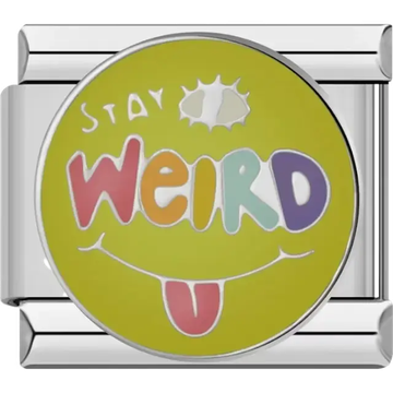 Multicolor "Stay Weird" text with a yellow background white sun and pink tongue smile Italian charm bracelet link